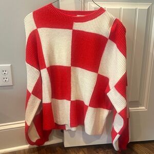 Bold Red and White Checkered Women's Sweater